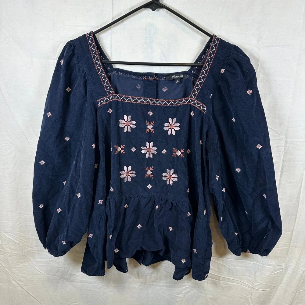 Madewell Embroidered Corduroy Peplum Blouse Navy Large